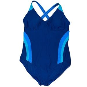 LAND'S END One Piece Sporty Swimsuit Blue w Stripes Women’s 16 P Petite